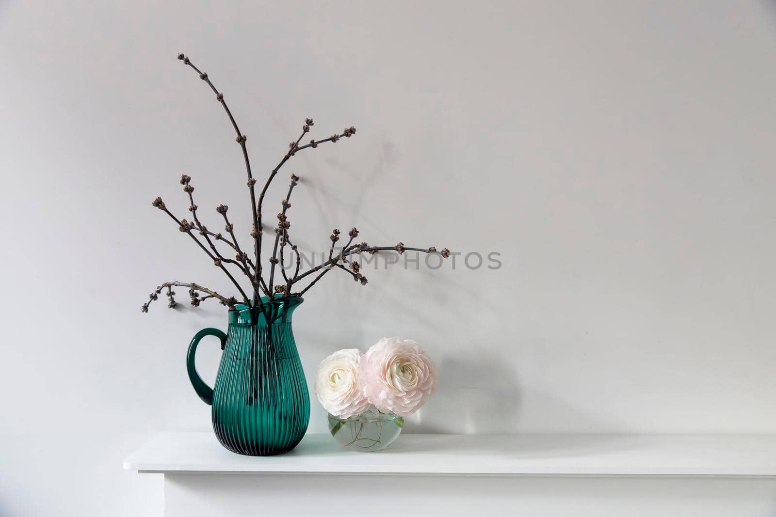 Three pale pink ranunculus in a transparent round vase on the white table. Copy space. Place for text by elenarostunova