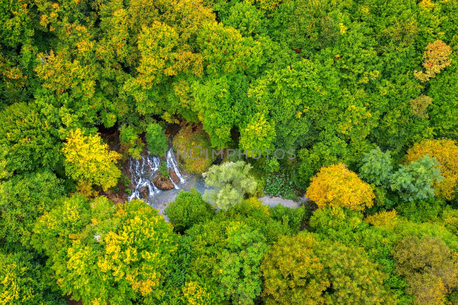 Aerial view from drone of beauty waterfall between trees in autumn by EdVal