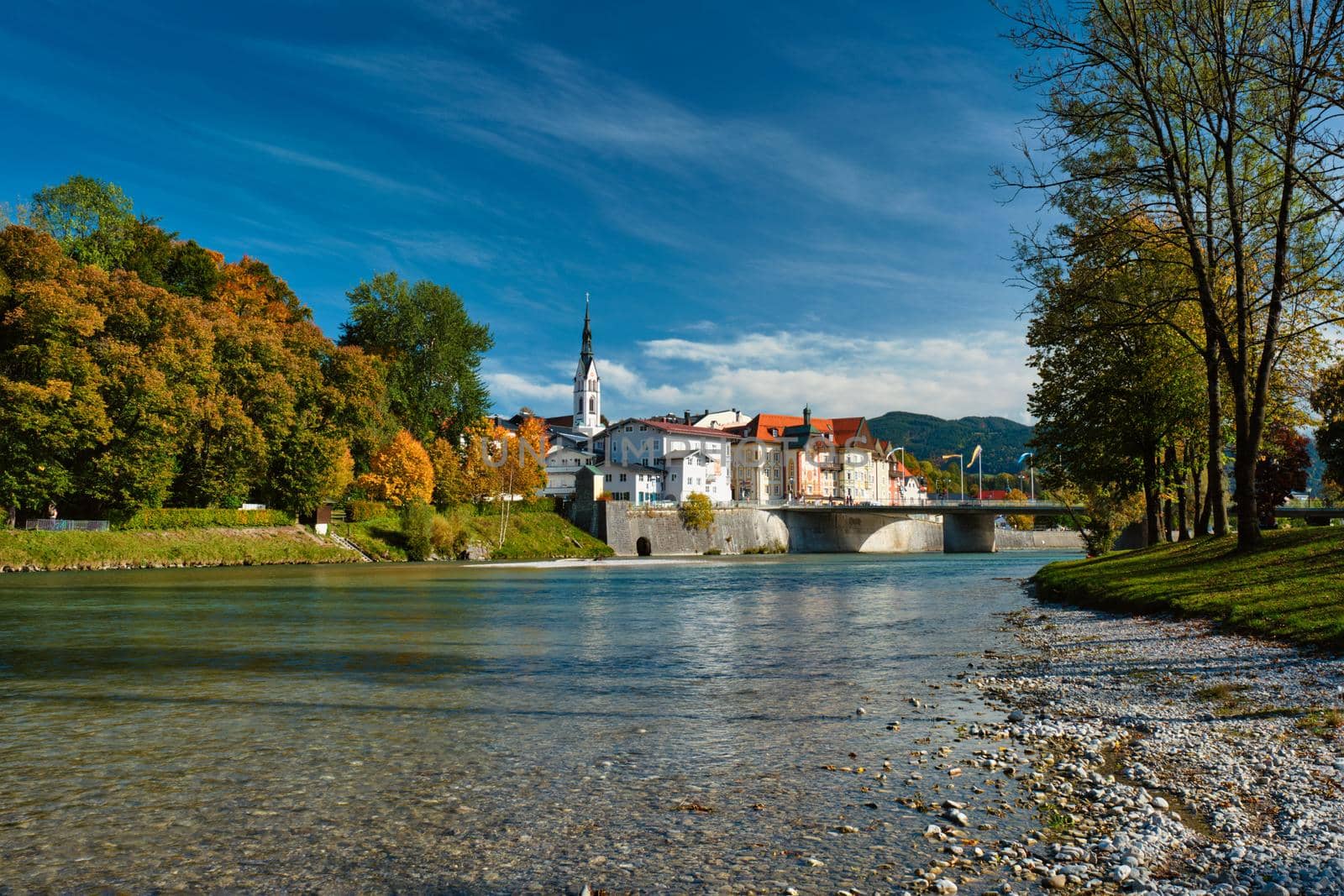 View of Bad Tolz - picturesque resort town in Bavaria, Germany in autumn and Isar river