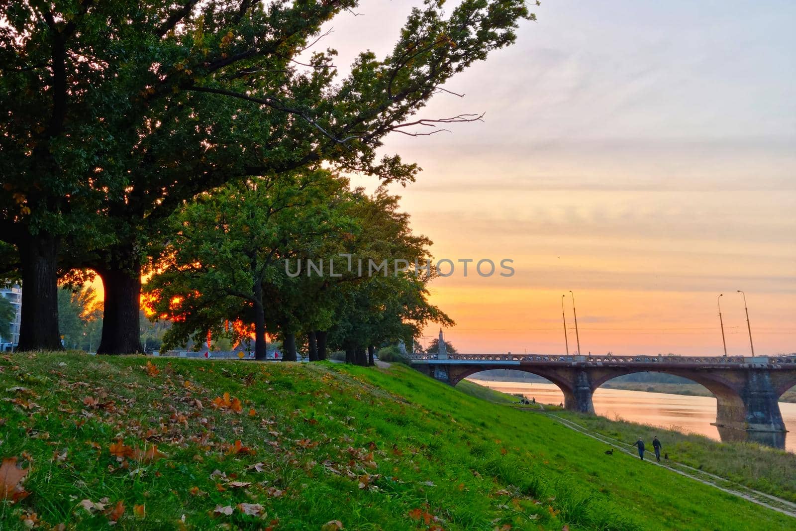 Beautiful picturesque sunset on the shore of the bridge in the city