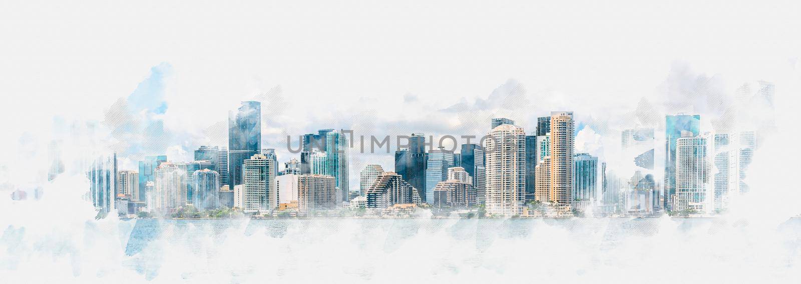 Watercolor digital illustration of Miami city Downtown skyline
