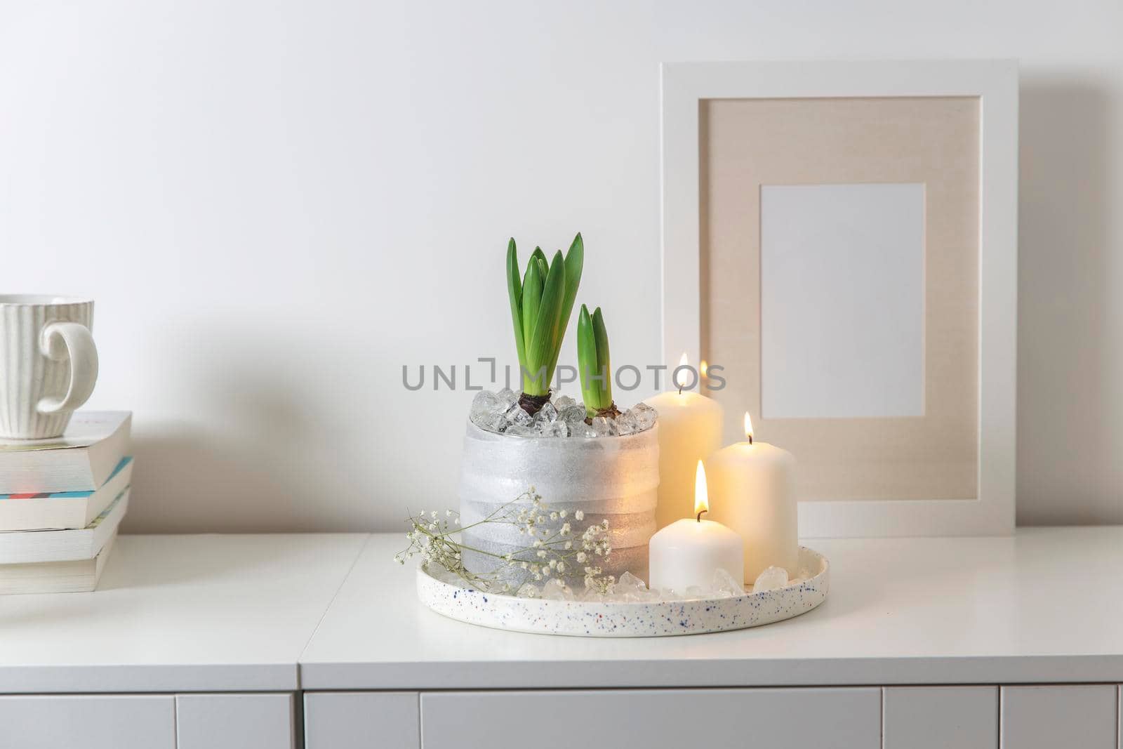 Unblown hyacinths with burning candles on a wooden vintage tray. Palm tree shadow on the wall. Home decoration for spring by elenarostunova