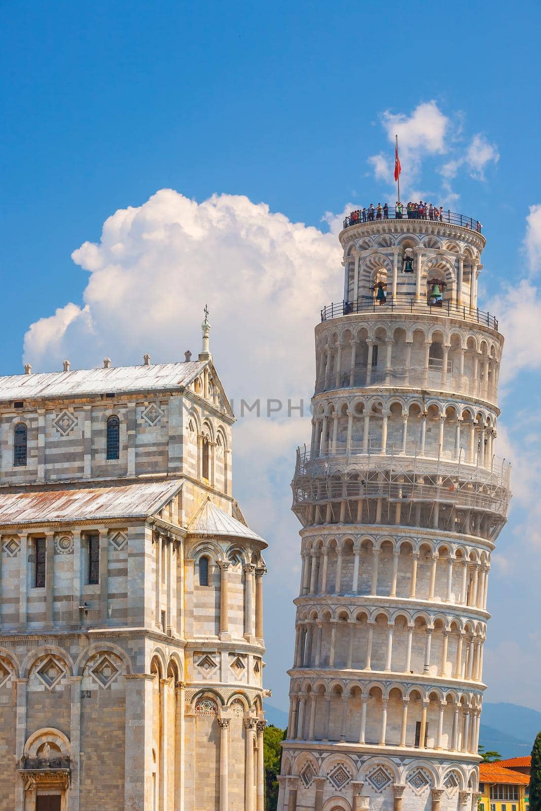 The Leaning Tower, Pisa city downtown skyline cityscape of Italy. Famous travel attraction