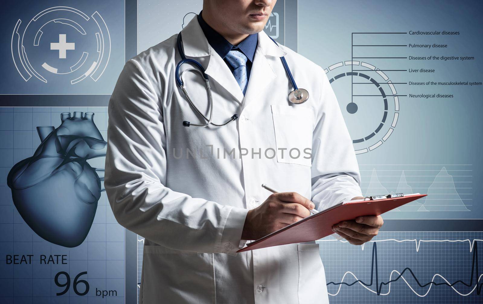 Doctor fills out documents, photo without face