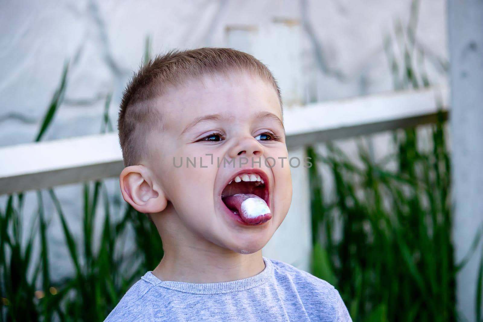 child eats ice cream in nature, ice cream in a cup. Nature. Selective focus