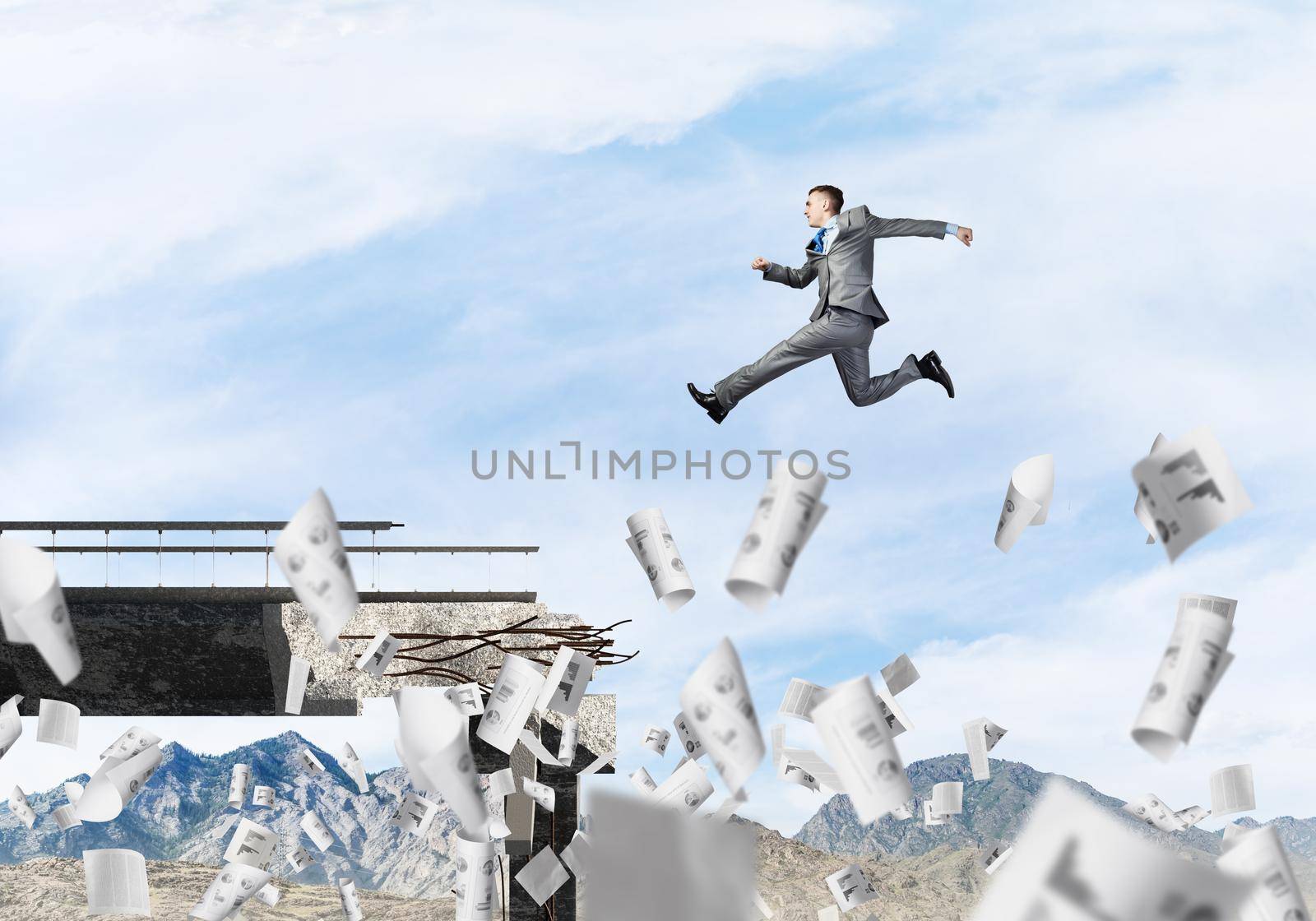 Businessman jumping over gap in bridge among flying papers as symbol of overcoming challenges. Skyscape and nature view on background. 3D rendering.