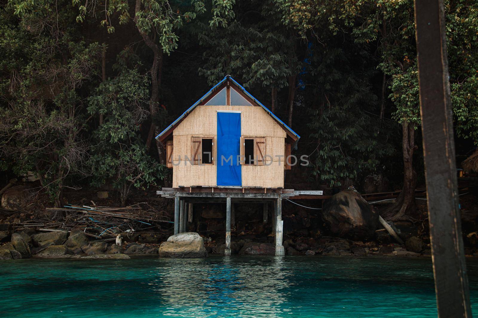 Wooden bungalow built on the water's edge in Koh Sdach Island, Cambodia