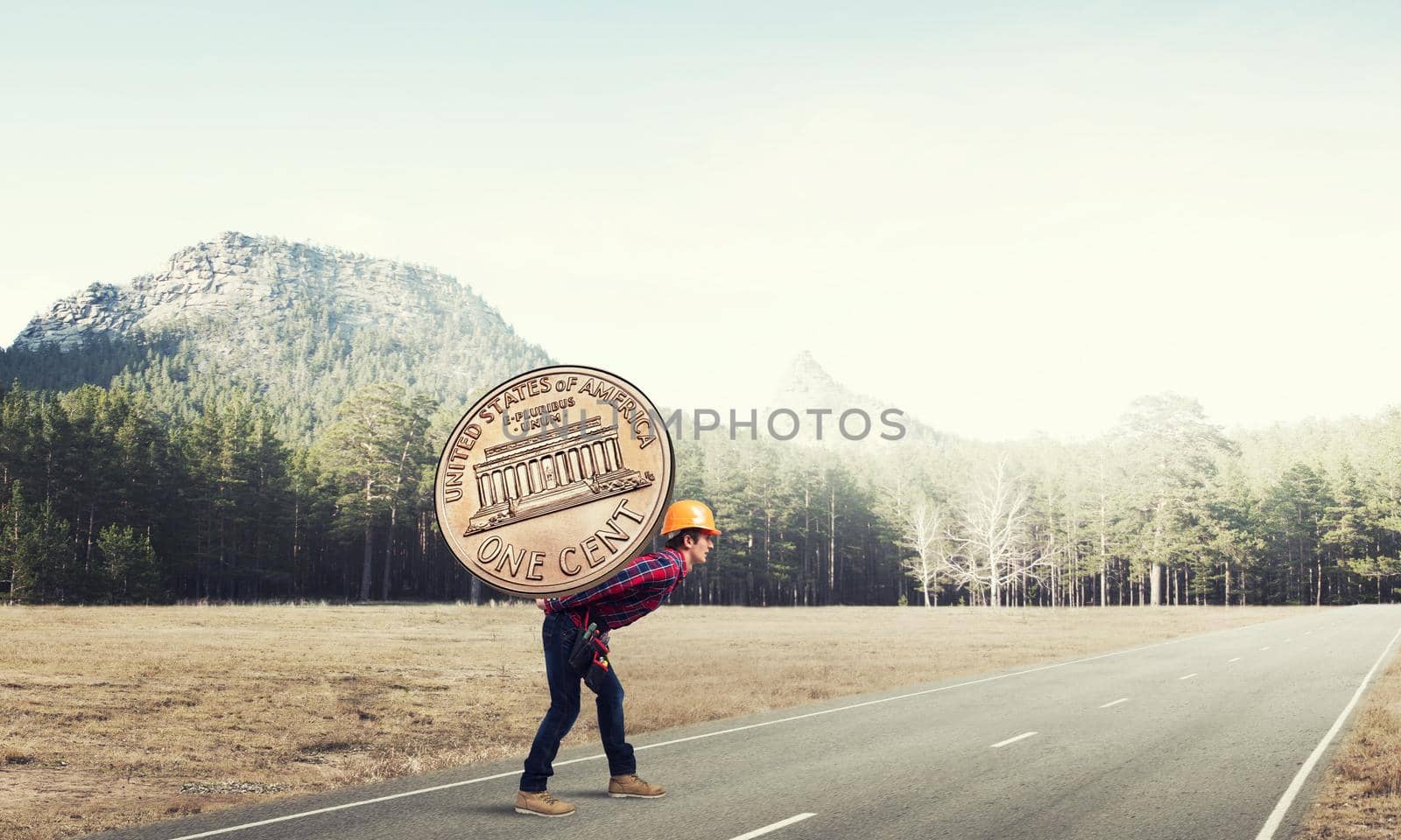 Builder man carrying on his back big cent coin