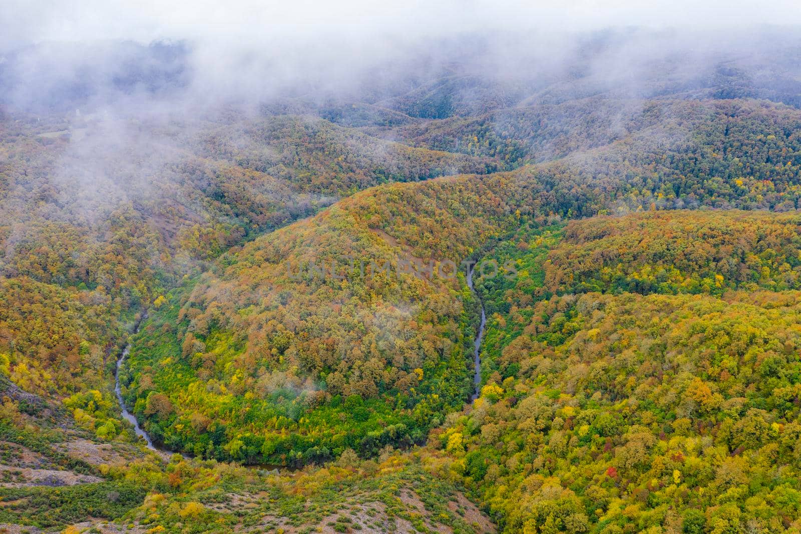 From the clouds a big curve of river Veleka in Strandja mountain Bulgaria