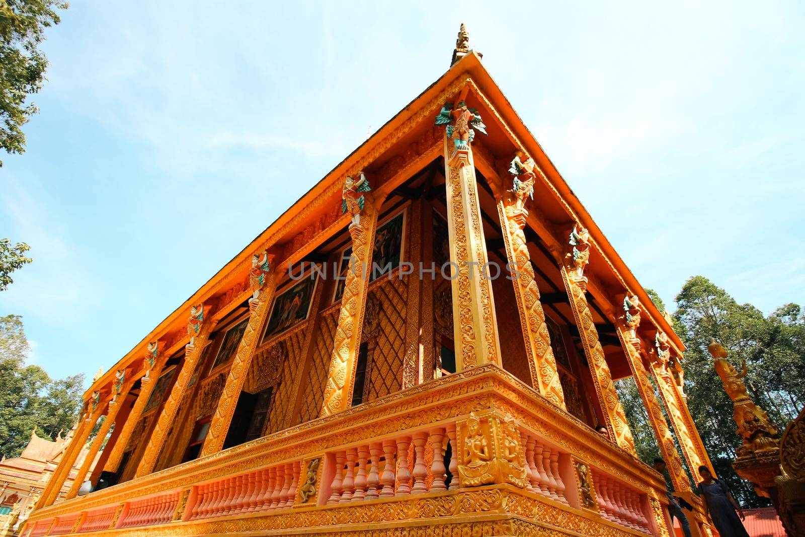 Low angle view of Chua Phu Ly, a Khmer or Cambodian Buddhist temple in Can tho, Vietnam