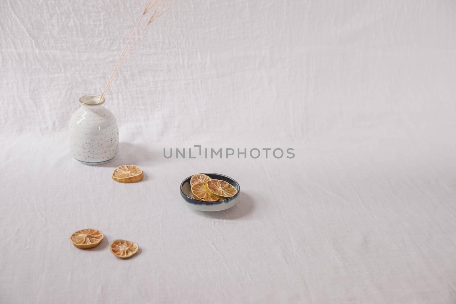Dried lemon slices on a white delicate background showing the Spring and Summer aesthetics