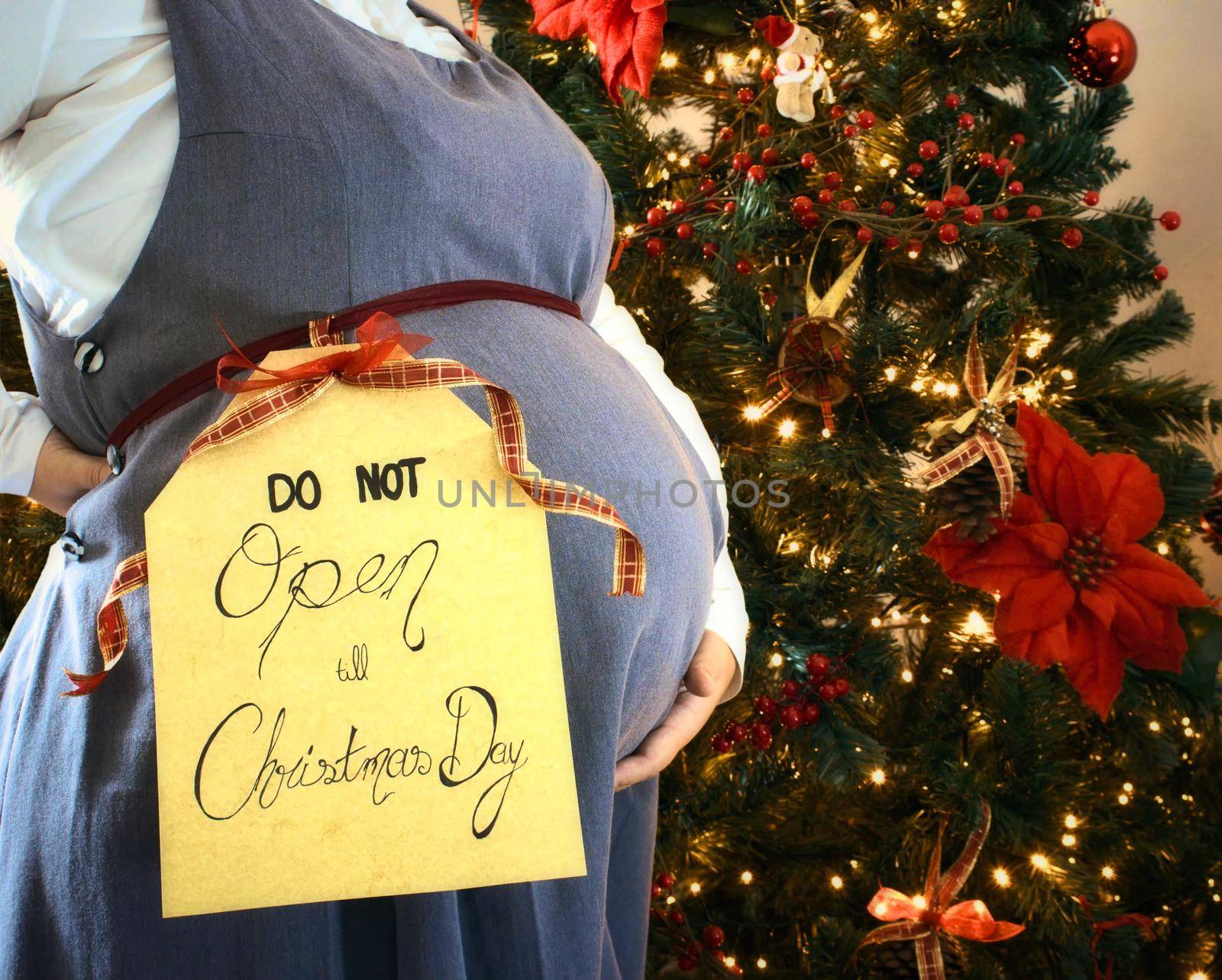 Pregnant woman showing belly with Christmas tree and "Do not open till Christmas Day" sign by tennesseewitney