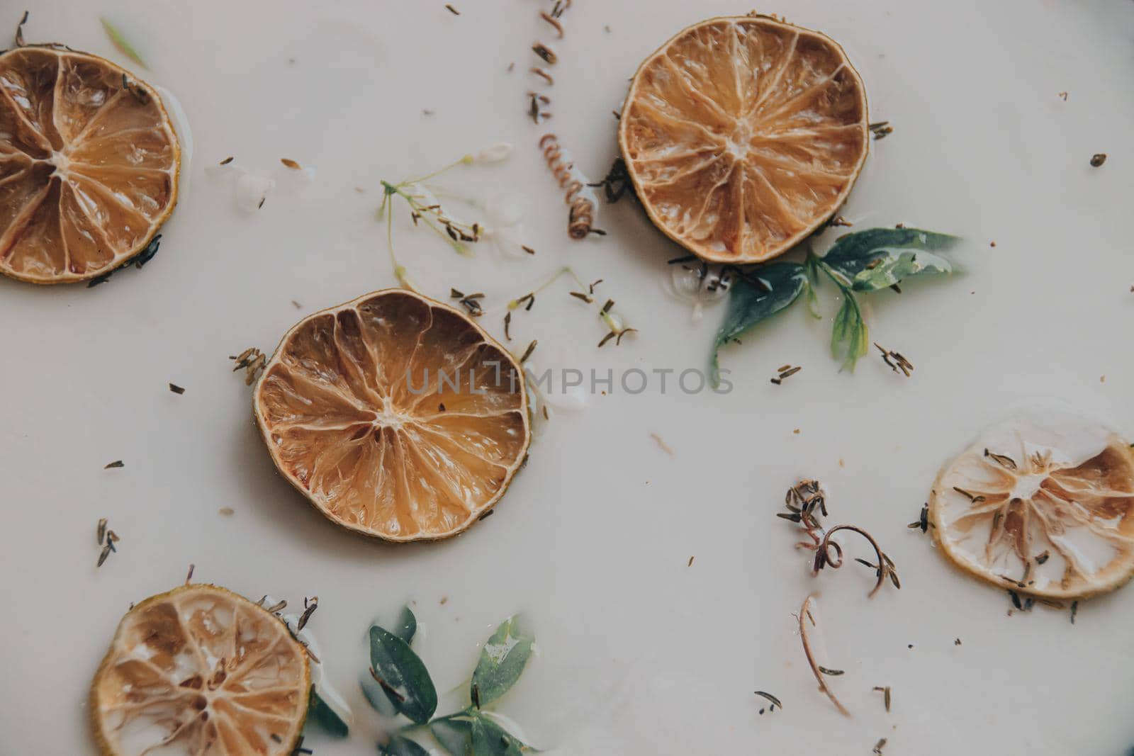 Close up of a therapeutic milk bath filled with dried lemon slices and other herbs for spa, beauty and wellness