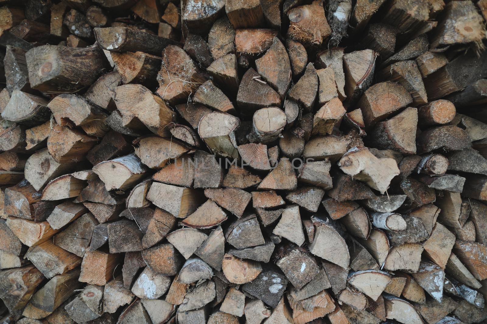 Close up stack of dry firewood oak wooden logs, chopped, split and organized in a pile for winter fuel stock, low angle