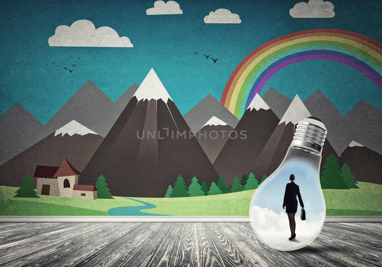 Businesswoman inside light bulb in room against nature drawn concept