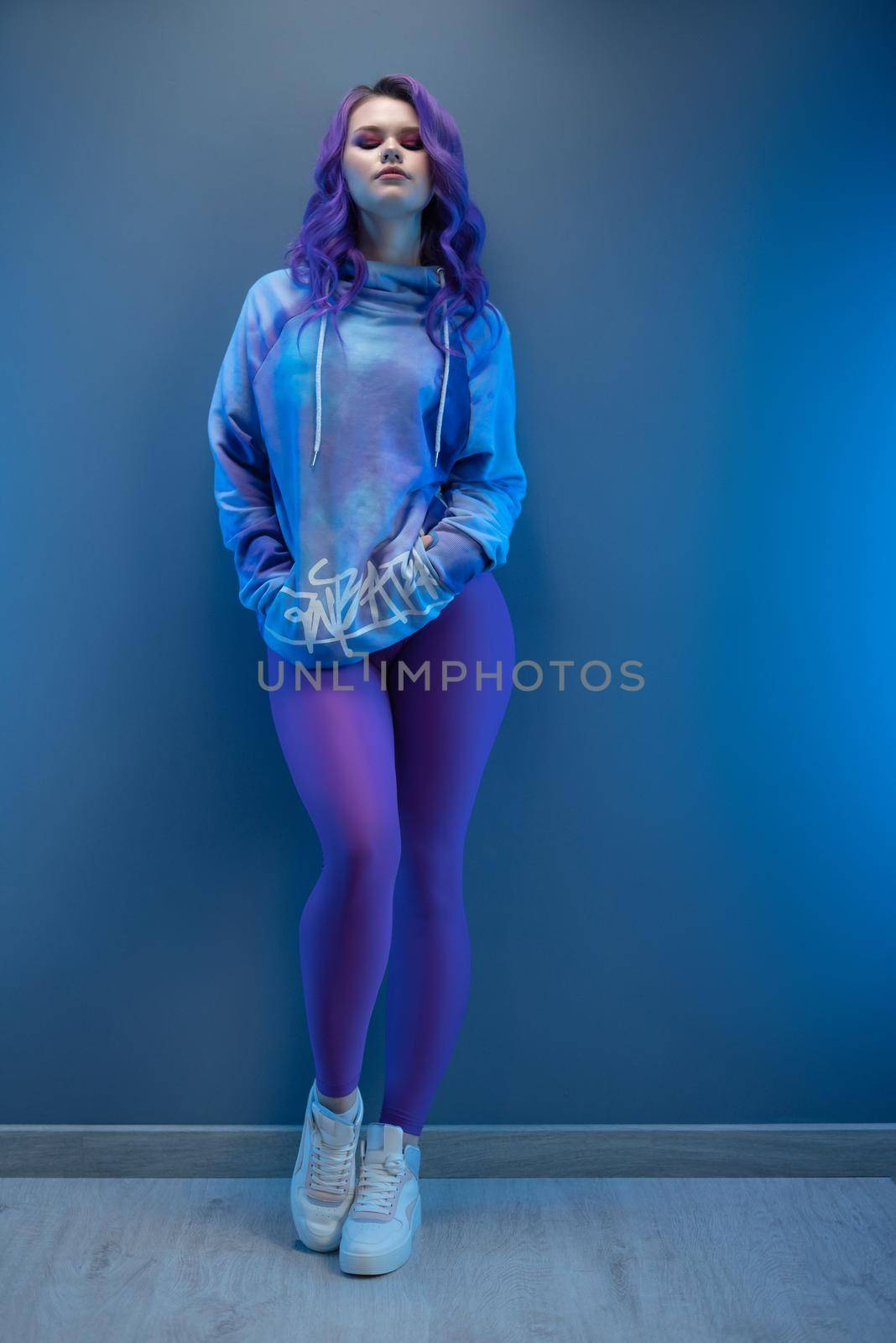 a girl in stylish purple sportswear and with purple hair poses sexually by Rotozey