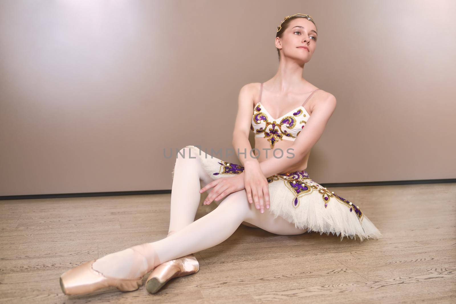 young beautiful graceful caucasian ballerina practice ballet positions in tutu skirt by Nickstock