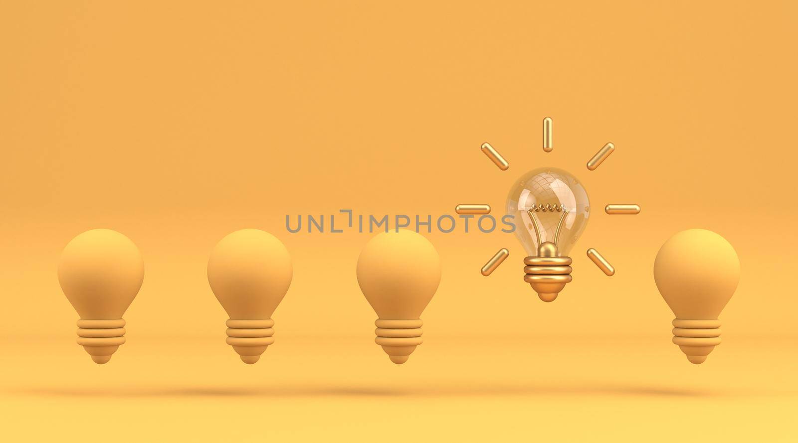 Five yellow light bulb and one lighting 3D rendering illustration isolated on yellow background