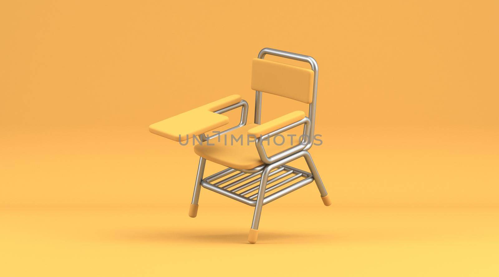 Writing pad student chair 3D rendering illustration isolated on yellow background