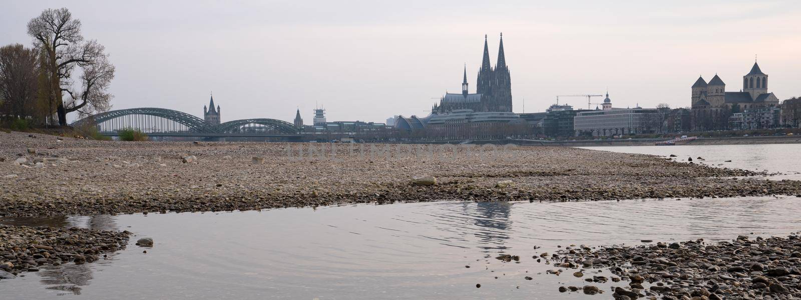 Low water of the Rhine river in Cologne, drought in Germany