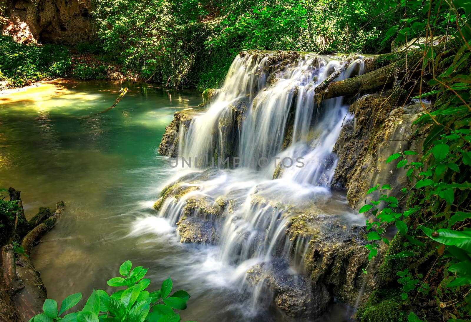 Waterfall in nature. Mountain cascade river waterfall. 