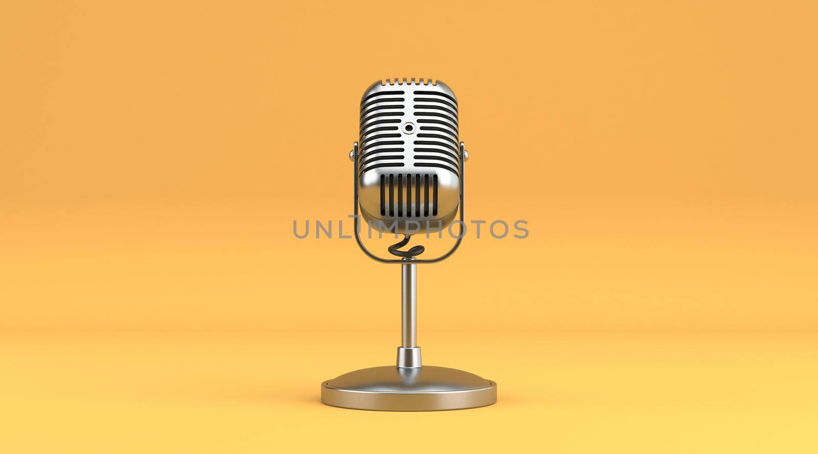 Retro vintage microphone Front view 3D rendering illustration isolated on yellow background