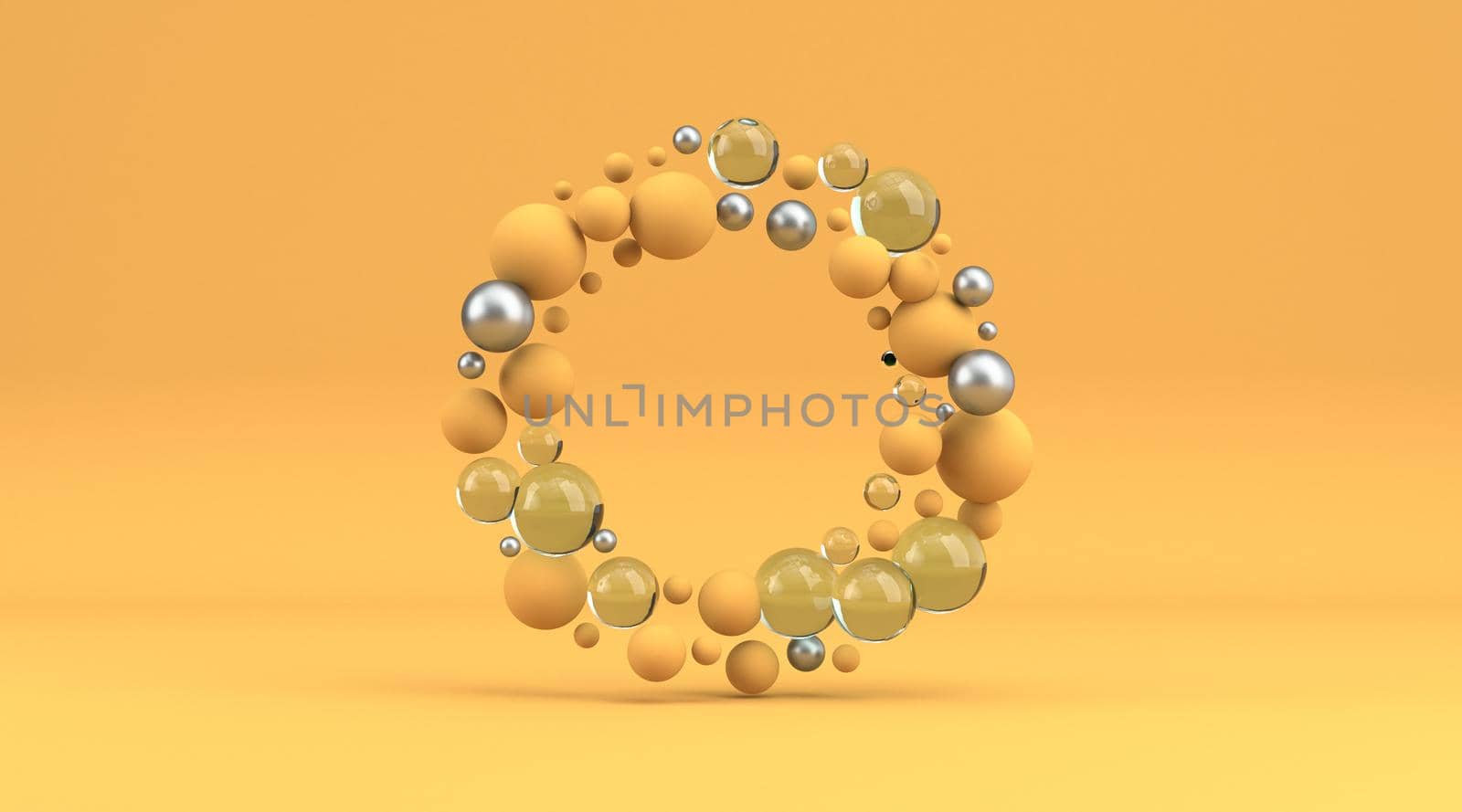 Circle made of yellow, glass and silver pearls 3D rendering illustration isolated on yellow background