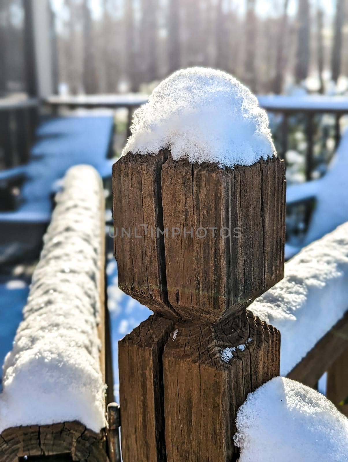 Wooden pillar with a cap of snow