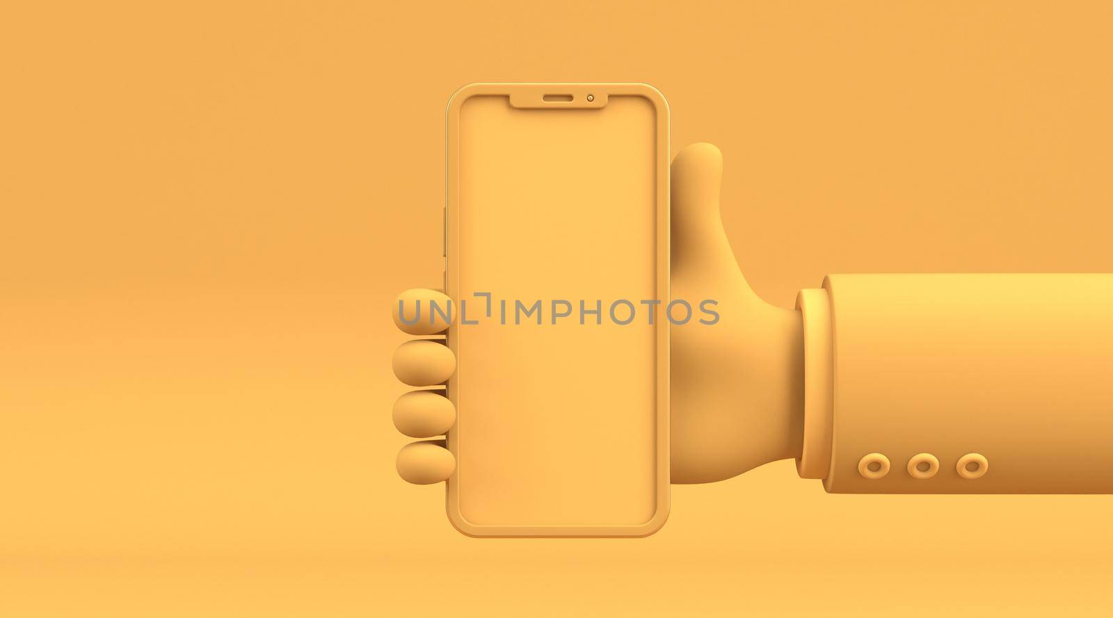 Hand holding smartphone 3D rendering illustration isolated on yellow background
