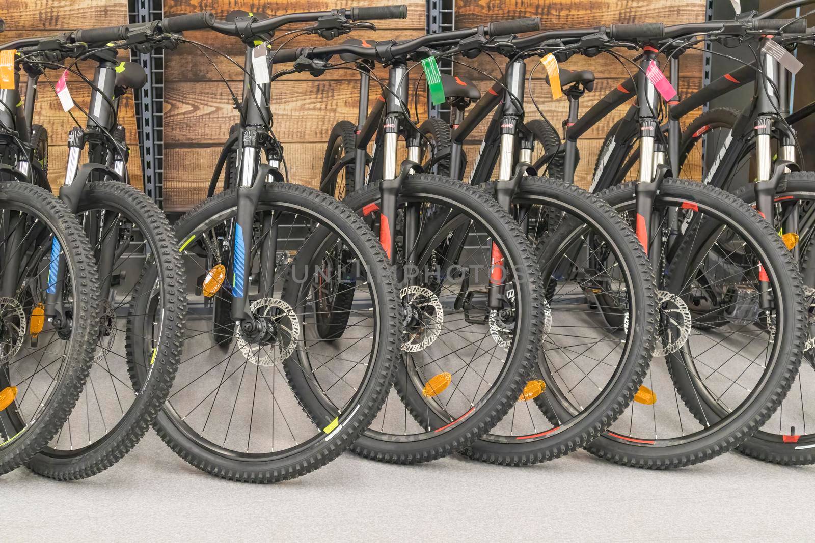 bicycles on the shelves of stores large. photo