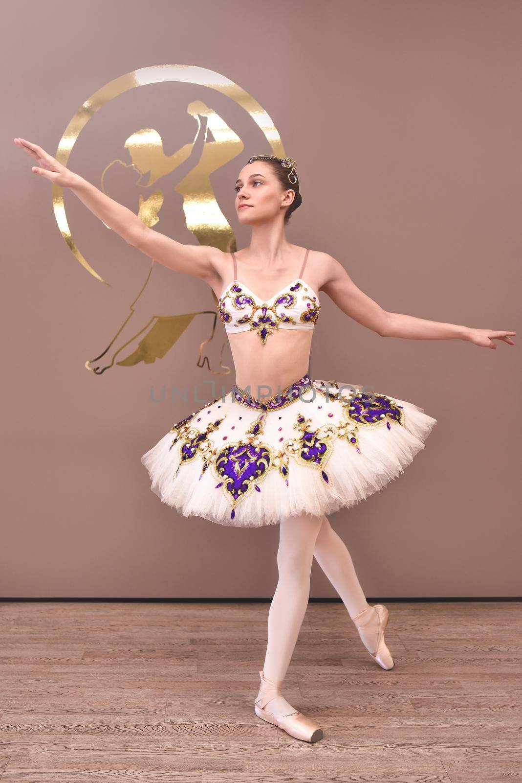 young beautiful graceful caucasian ballerina practice ballet positions in tutu skirt. Classical Ballet dancer in studio standing on tiptoe
