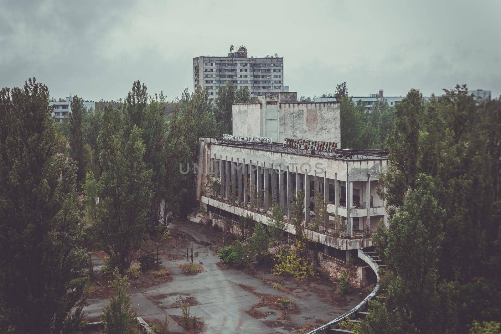 Pripyat, Ukraine - August 19, 2017: View to the central square of abandoned town