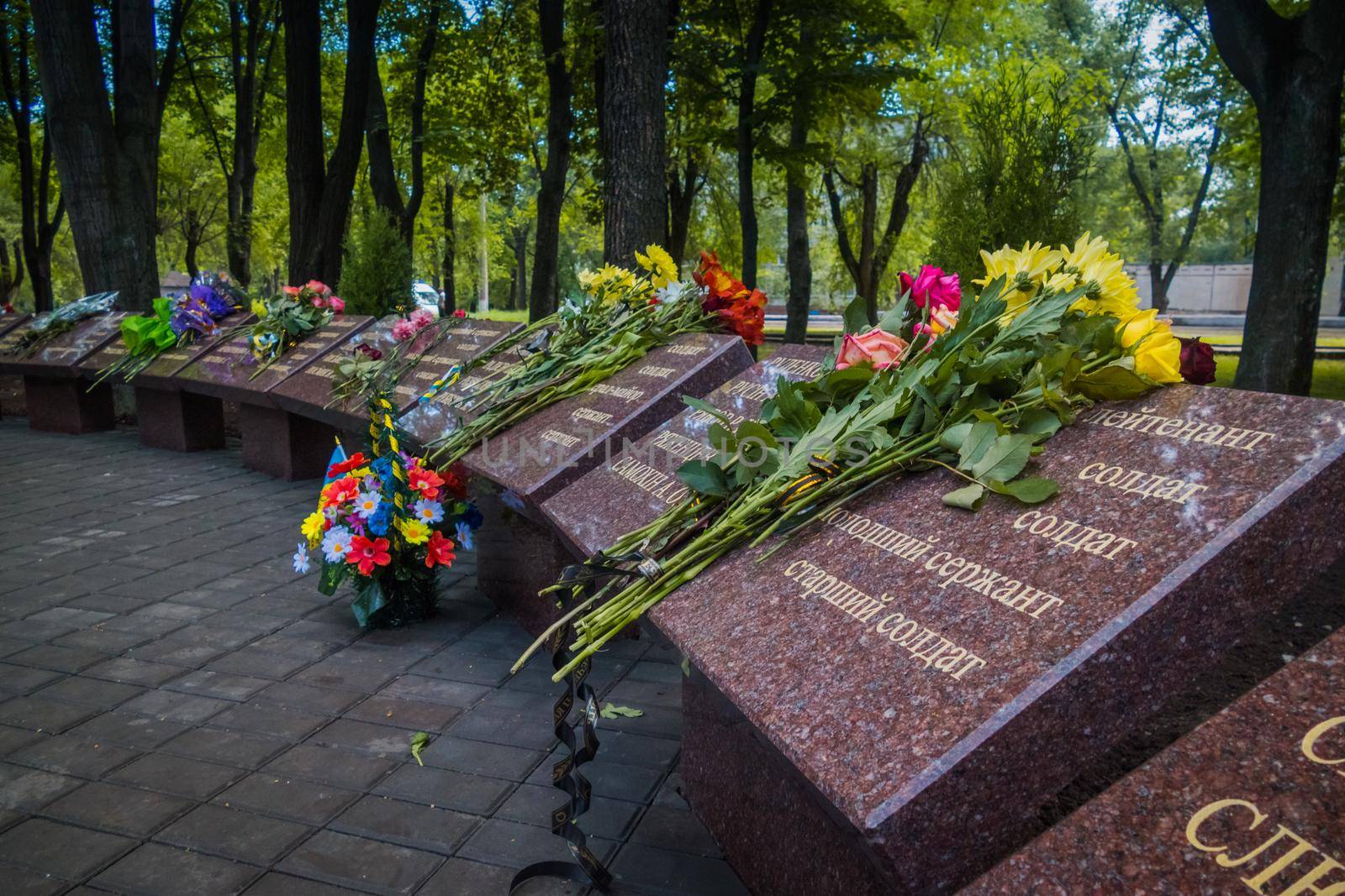 Krivoy Rog, Ukraine - may 18, 2020: A man with flowers near the memorial to fallen soldiers - defenders of Ukraine while honoring the memory of those killed in the battles for Debaltseve. by mosfet_ua