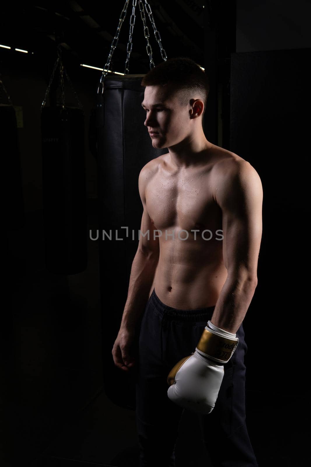 Practices boxer athlete the The blows bag glove black young background boxing, In the afternoon strong fighter from punch from fit guy, sportswear martial. Person victory dark, one