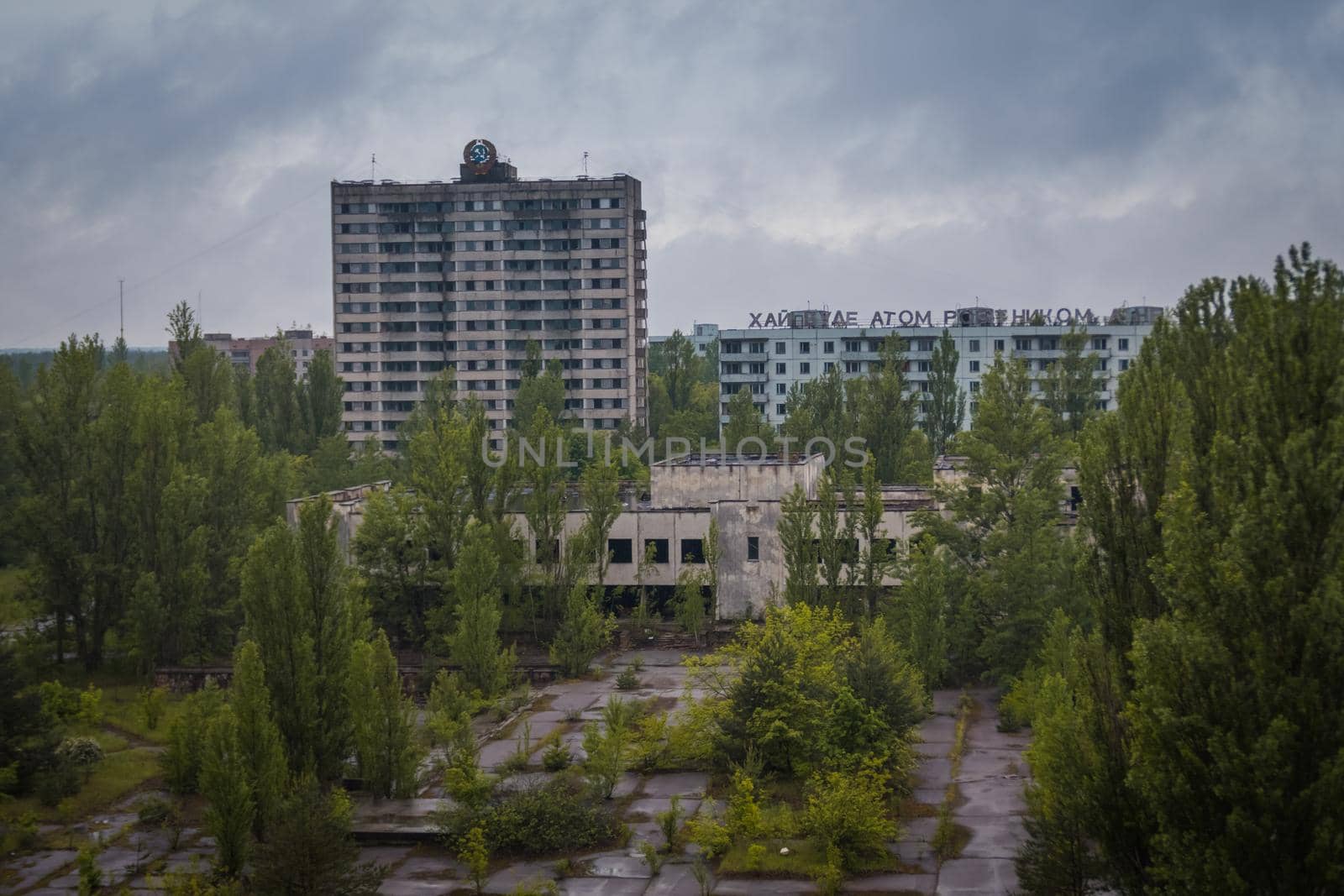 Pripyat, Ukraine - August 19, 2017: View to the central square of abandoned town Pripyat. by mosfet_ua