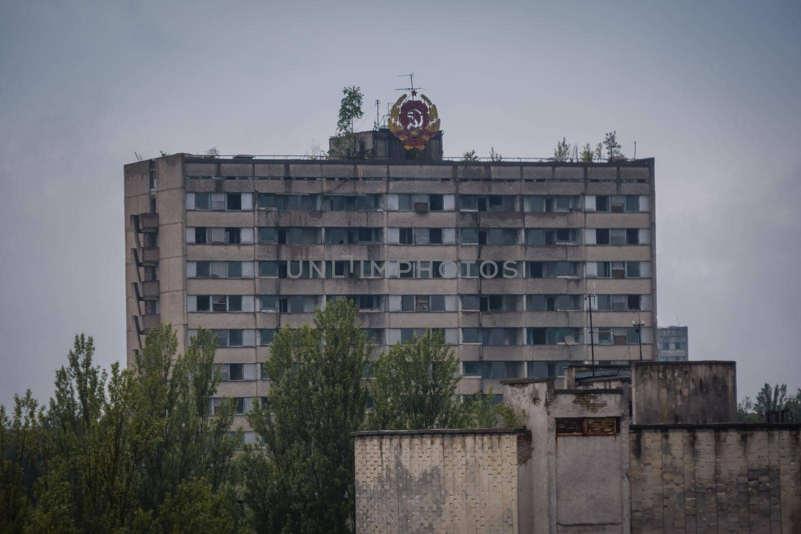 Pripyat, Ukraine - August 19, 2017: View to the central square of abandoned town Pripyat. by mosfet_ua