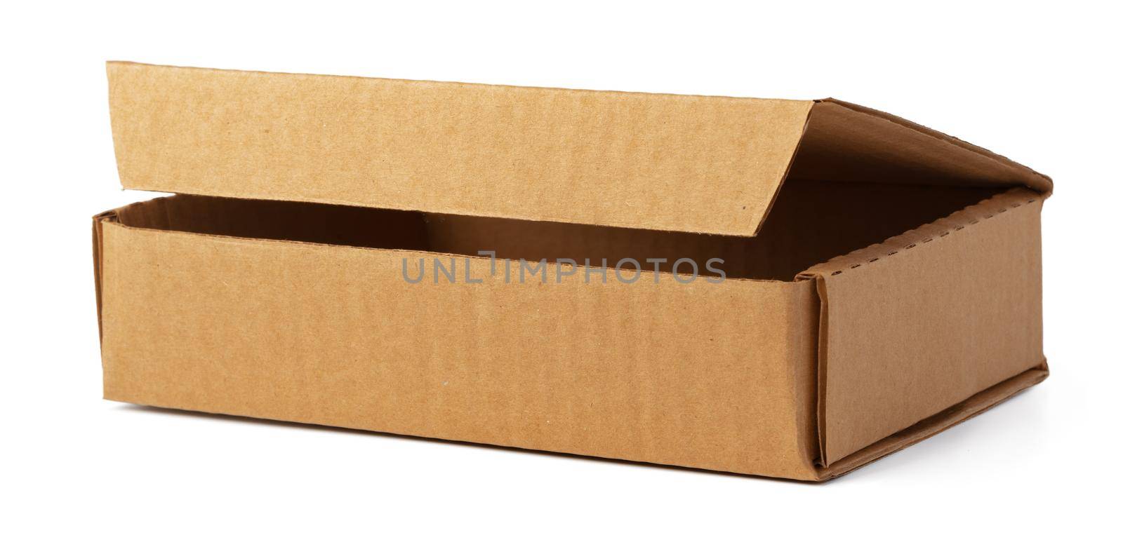 Open brown cardboard box isolated on white background