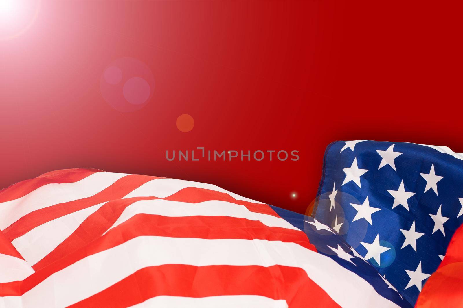 Fragment of american flag on empty red concrete background. Independence day backdrop by Andelov13