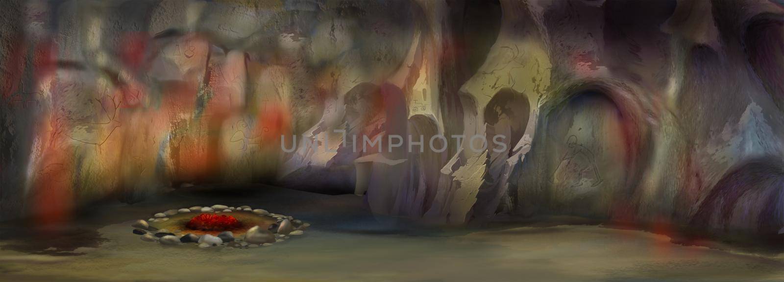Caveman cave in prehistoric era. Digital Painting Background, Illustration.