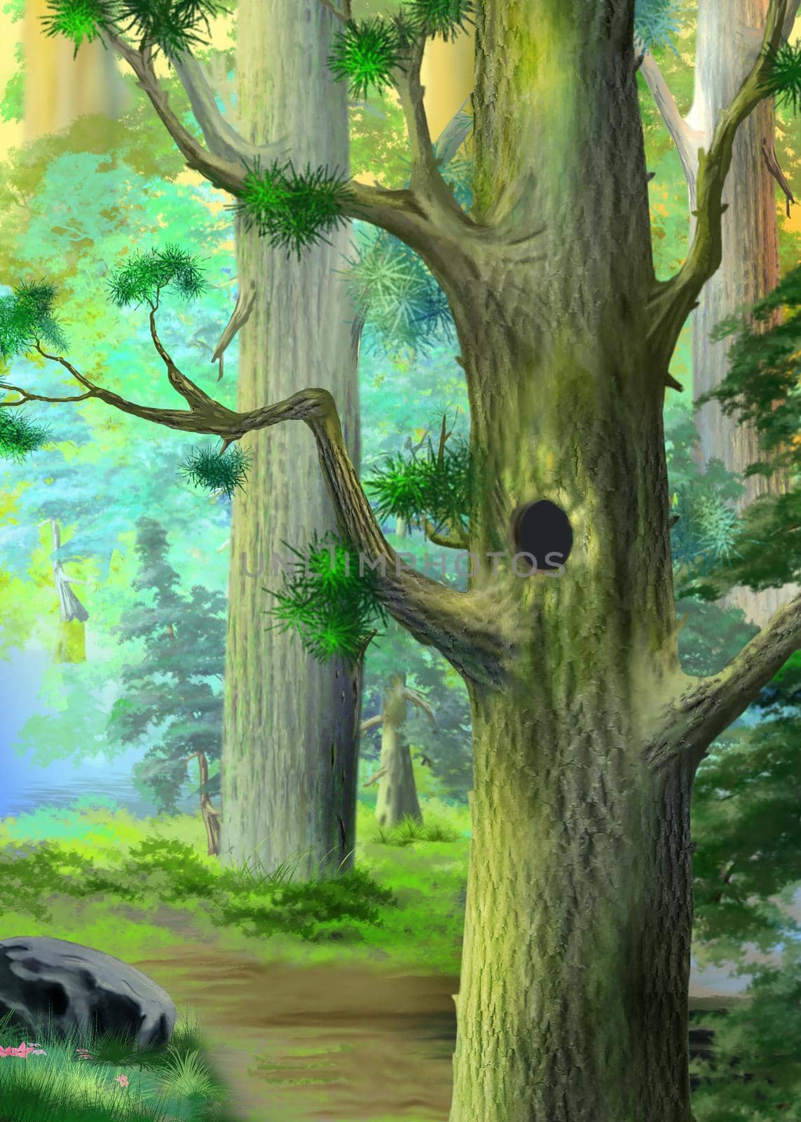 Hollow in a large pine tree in the taiga on a summer day. Digital Painting Background, Illustration.