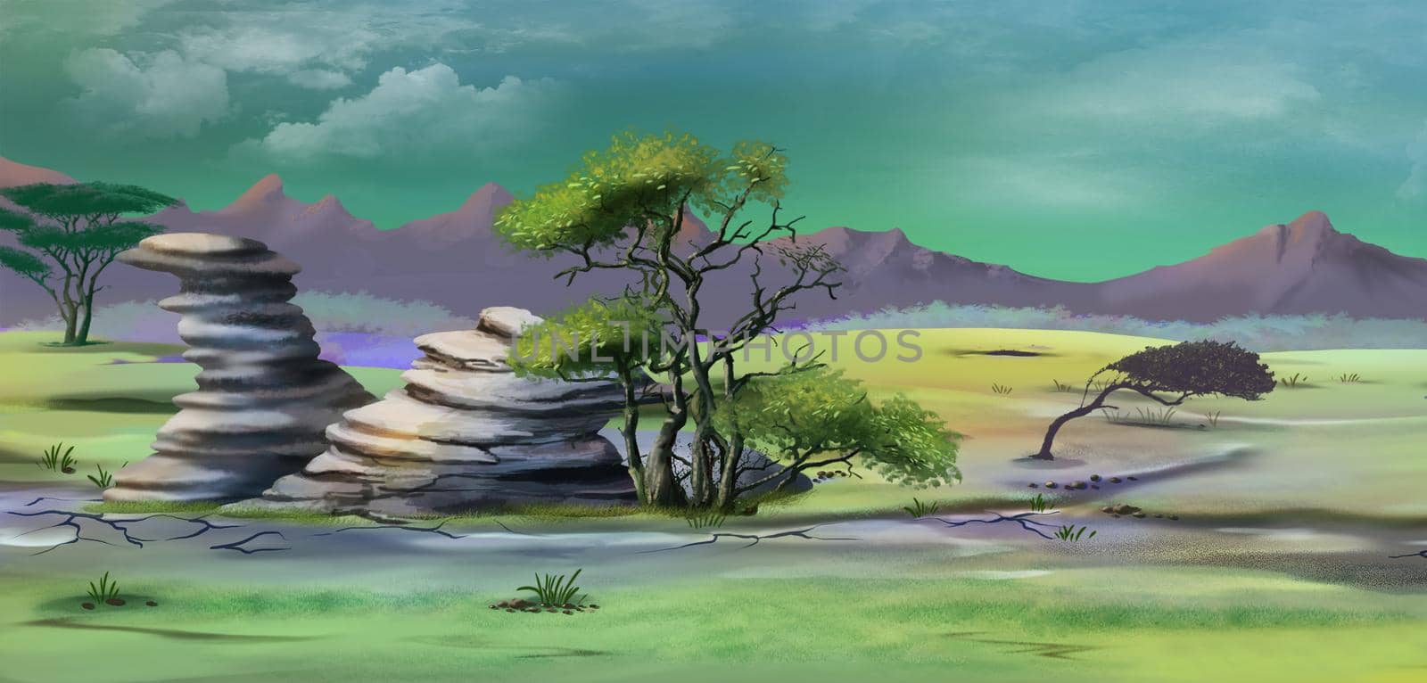 African savannah wildlife after a tropical rainstorm. Digital Painting Background, Illustration.