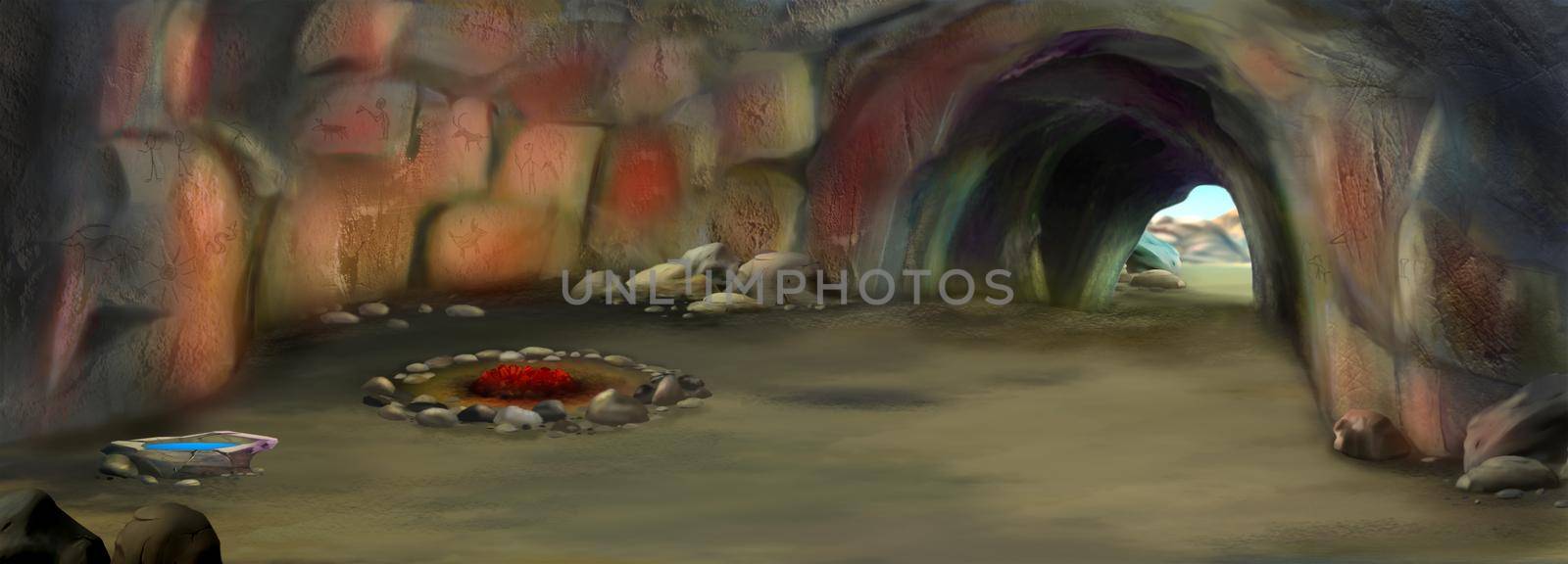 Caveman cave in prehistoric era. Digital Painting Background, Illustration.