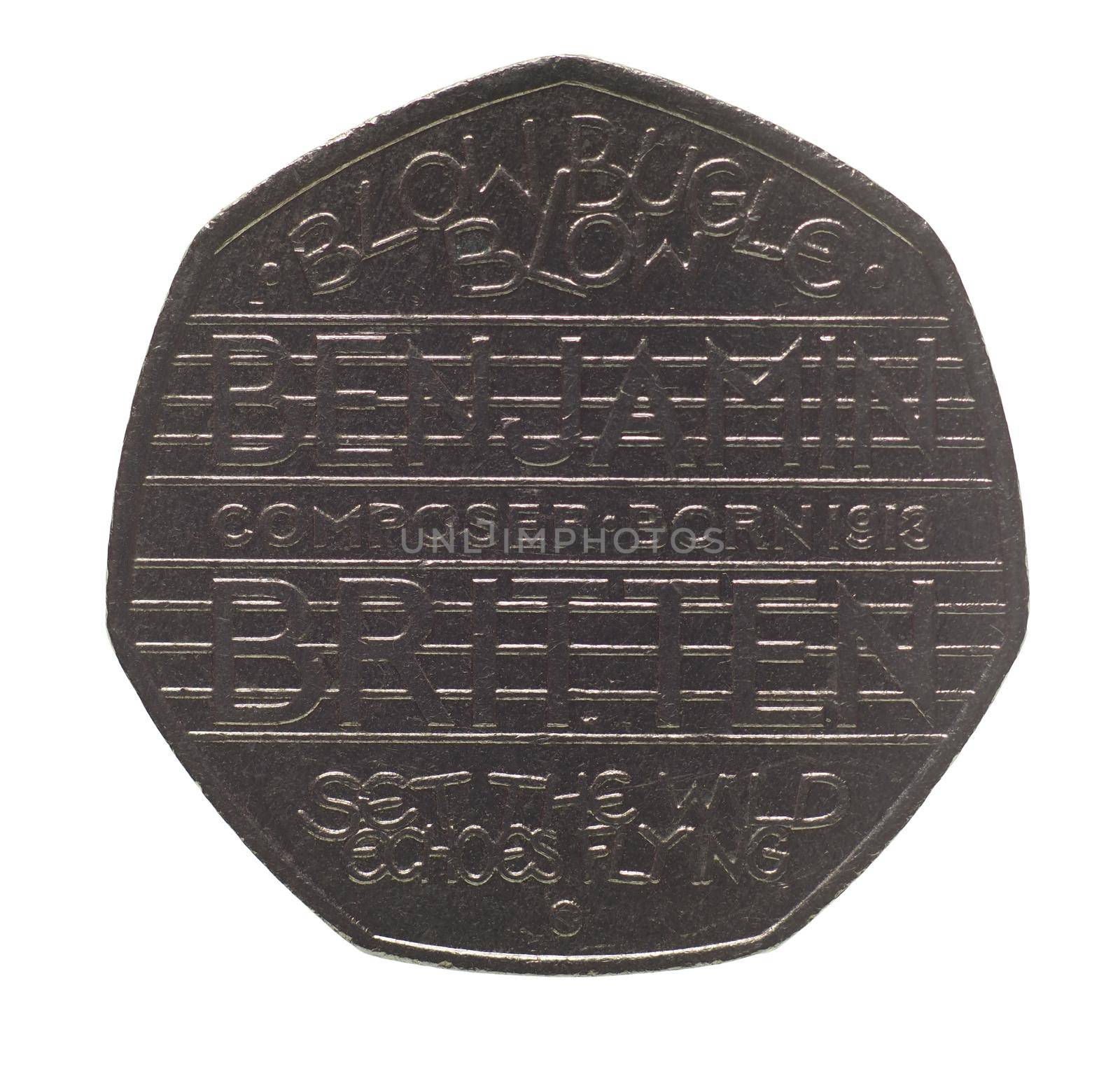 fifty pence coin reverse side, currency of the United Kingdom isolated over white background