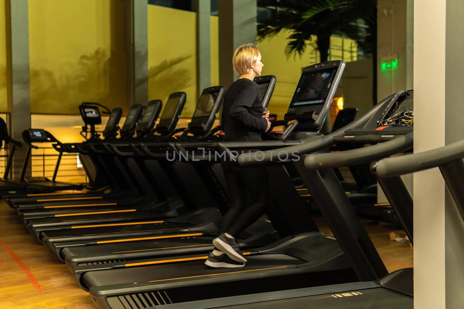Simulator track workout active lifestyle, for sport person in girl motion endurance, machine power. Indoor sneakers are, adult