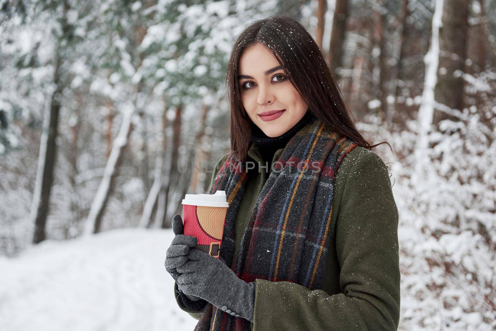 Beautiful brunette. Girl in warm clothes with cup of coffee have a walk in the winter forest by Standret