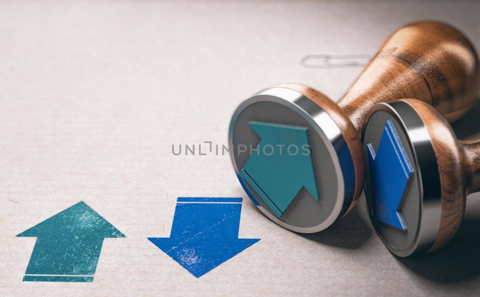 Two green and blue arrows showing up and down directions printed on kraft paper with rubber stamp. 3D illustration.