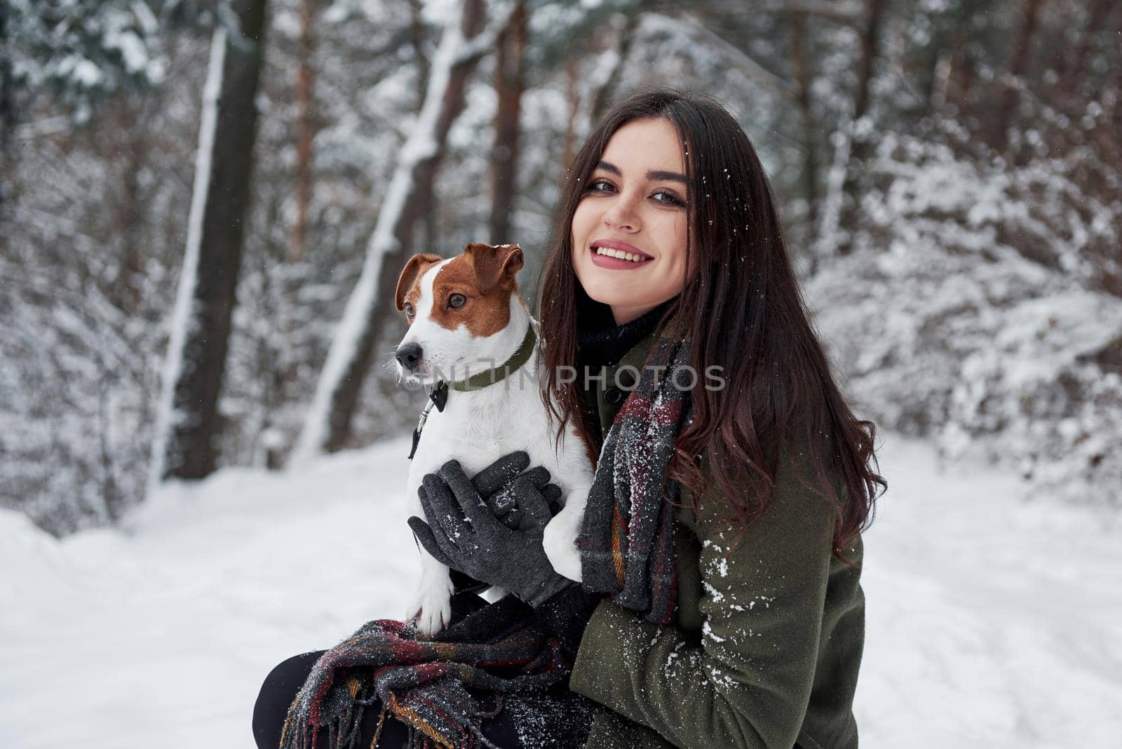 Pet is have more important things than posing for photoshoot. Smiling brunette having fun while walking with her dog in the winter park by Standret