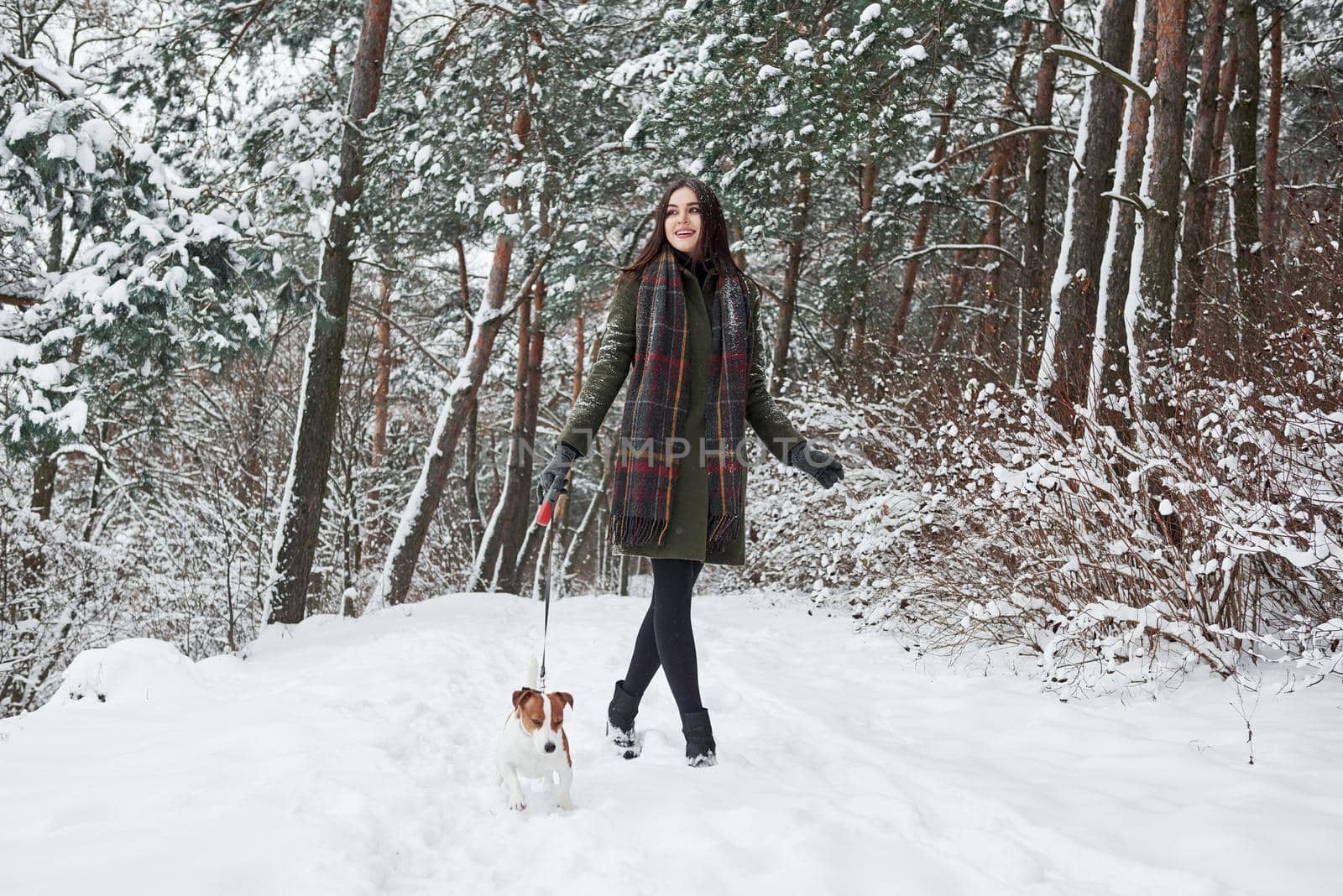 Happy owner of a pet. Woman in warm clothes walks the dog in the snowy forest. Front view.