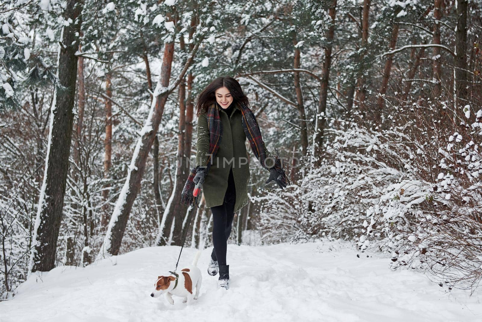 Cheerful girl. Woman in warm clothes walks the dog in the snowy forest. Front view.