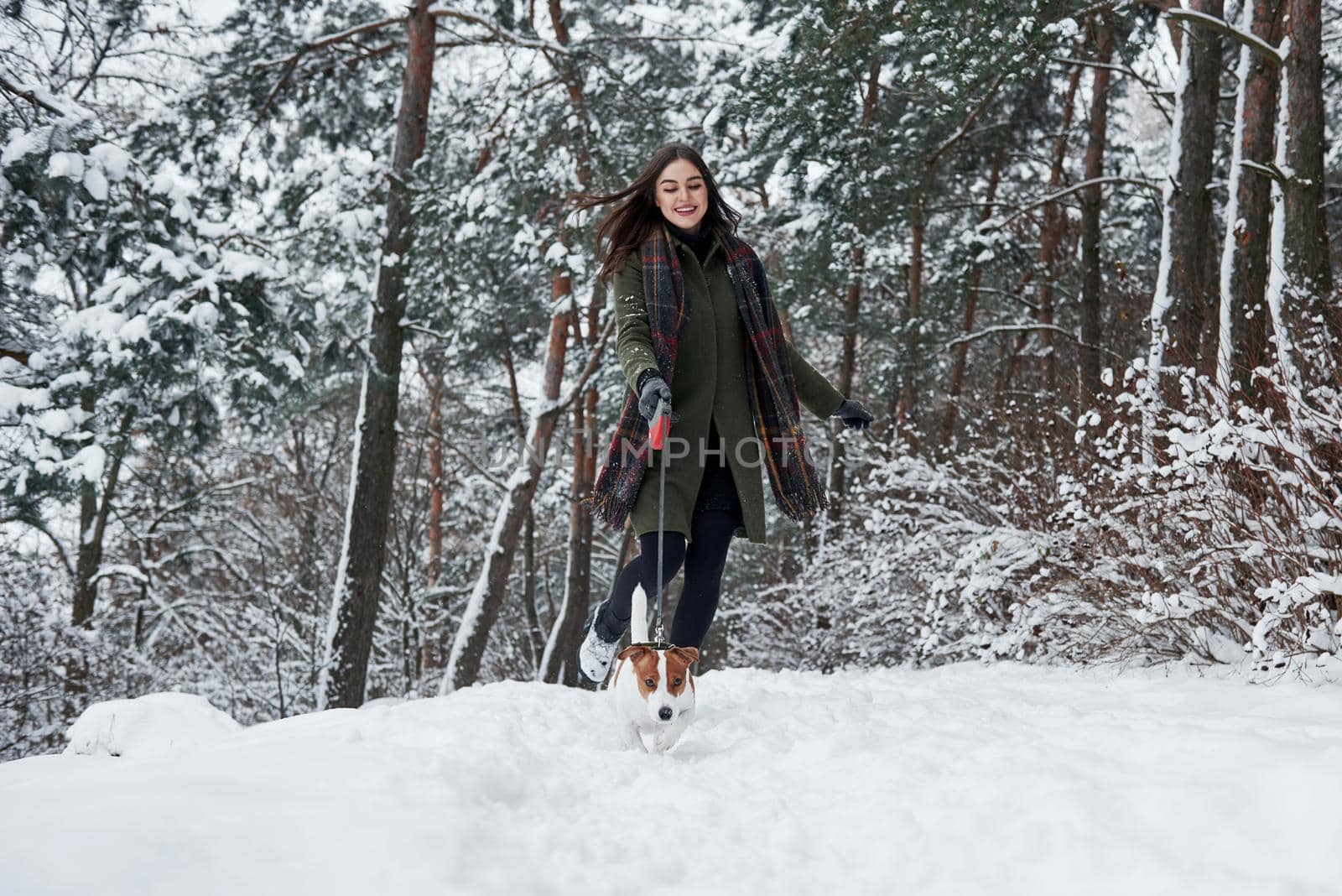 Morning run. Woman in warm clothes walks the dog in the snowy forest. Front view.